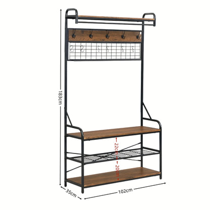 5-in-1 Entryway Hall Tree and 3 Tier Storage Bench, Pipe Style Coat Rack with 9 Hooks, Rustic Brown
