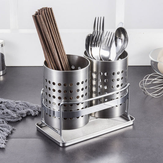 Stainless Steel Double-Tube Cutlery Basket With Storage Rack for Household Kitchen-Silver