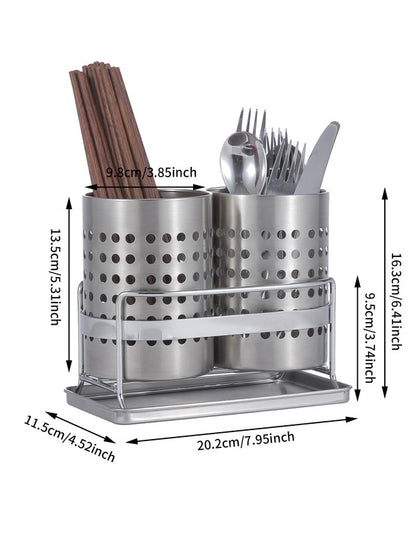 Stainless Steel Double-Tube Cutlery Basket With Storage Rack for Household Kitchen-Silver