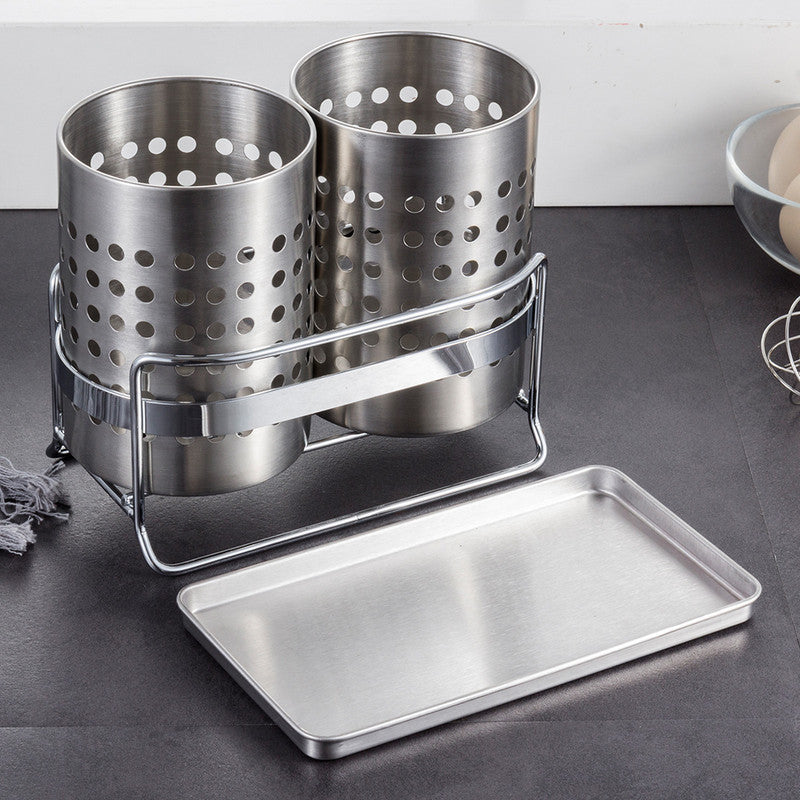 Stainless Steel Double-Tube Cutlery Basket With Storage Rack for Household Kitchen-Silver