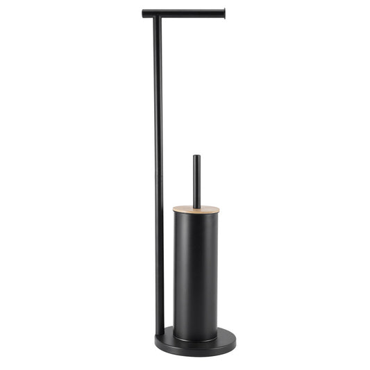 2-in-1 Iron Floor Standing Roll Paper Holder and Bamboo Lid Toilet Brush For Bathroom and Toilet-Black