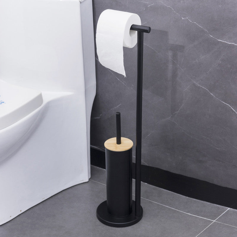 2-in-1 Iron Floor Standing Roll Paper Holder and Bamboo Lid Toilet Brush For Bathroom and Toilet-Black