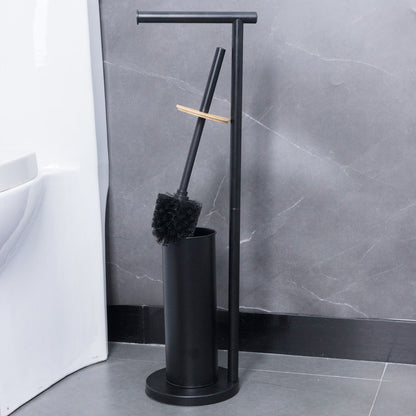 2-in-1 Iron Floor Standing Roll Paper Holder and Bamboo Lid Toilet Brush For Bathroom and Toilet-Black