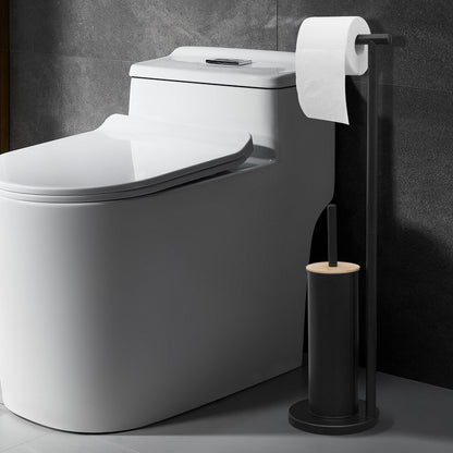 2-in-1 Iron Floor Standing Roll Paper Holder and Bamboo Lid Toilet Brush For Bathroom and Toilet-Black