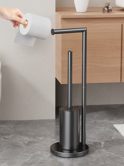 2-in-1 Floor Standing Roll Paper Holder and Toilet Brush For Bathroom and Toilet-Black
