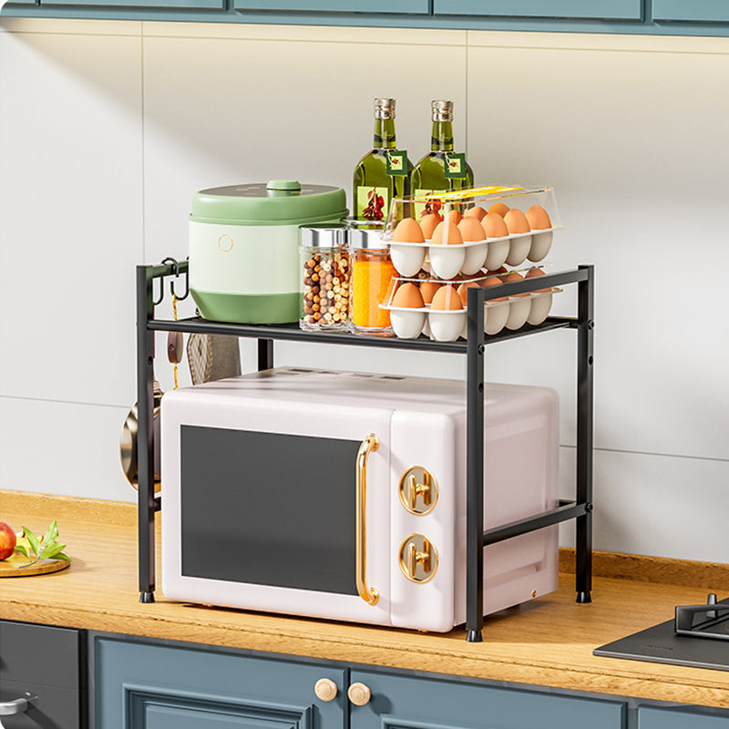 Metal Shelf For Microwave Oven 2 Level Kitchen Storage Rack With 4 Hooks-Black