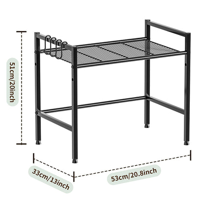Metal Shelf For Microwave Oven 2 Level Kitchen Storage Rack With 4 Hooks-Black