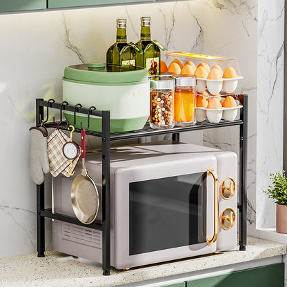 Metal Shelf For Microwave Oven 2 Level Kitchen Storage Rack With 4 Hooks-Black