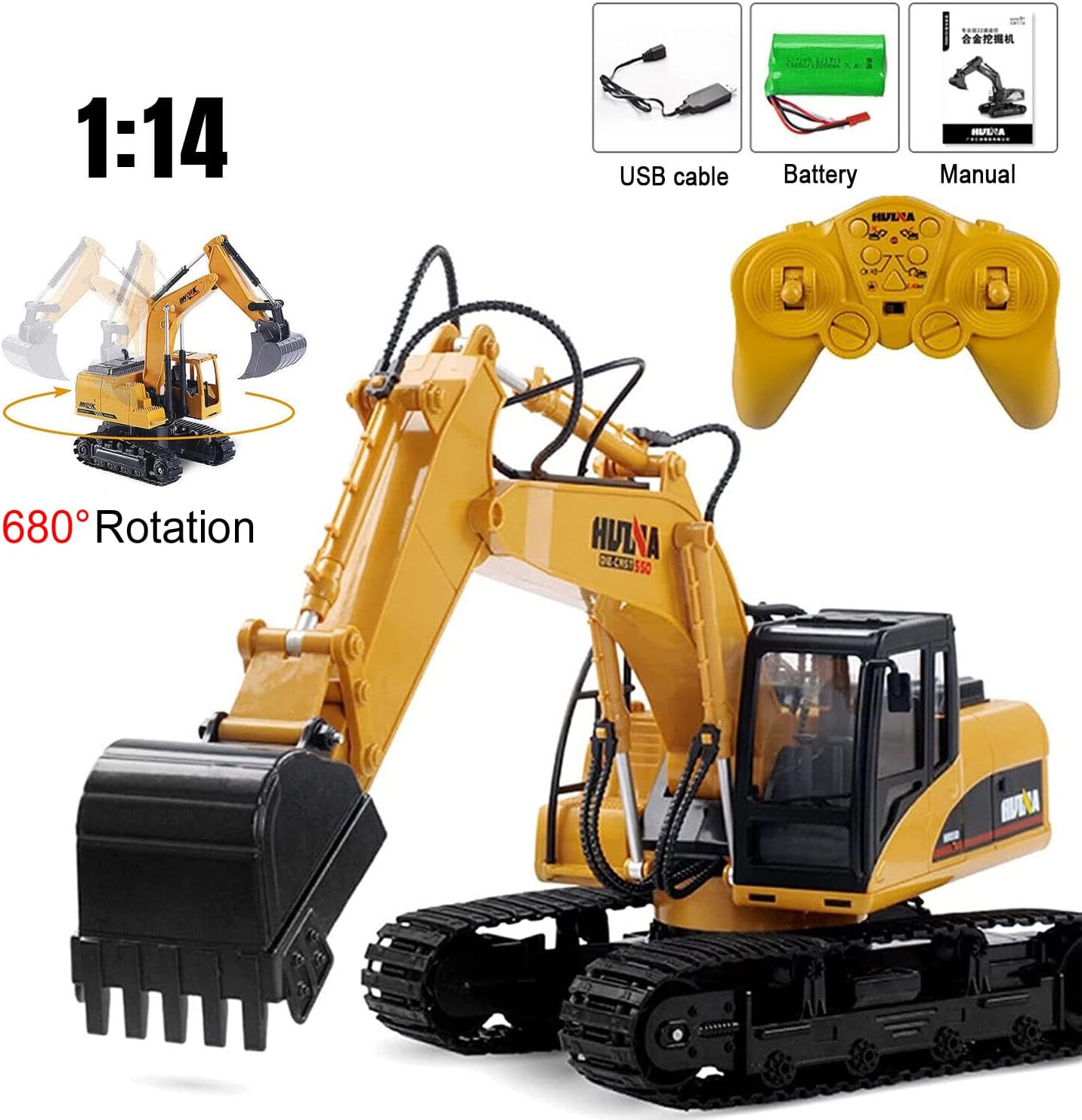 HUINA 1/14 RC Electric Excavator 1535 Remote Control Digger 15CH 2.4G Radio Finished Toy Model Battery Sound Light Effects Hobby Grade Model for Ages 14+