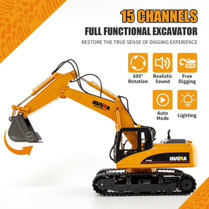 HUINA 1/14 RC Electric Excavator 1535 Remote Control Digger 15CH 2.4G Radio Finished Toy Model Battery Sound Light Effects Hobby Grade Model for Ages 14+