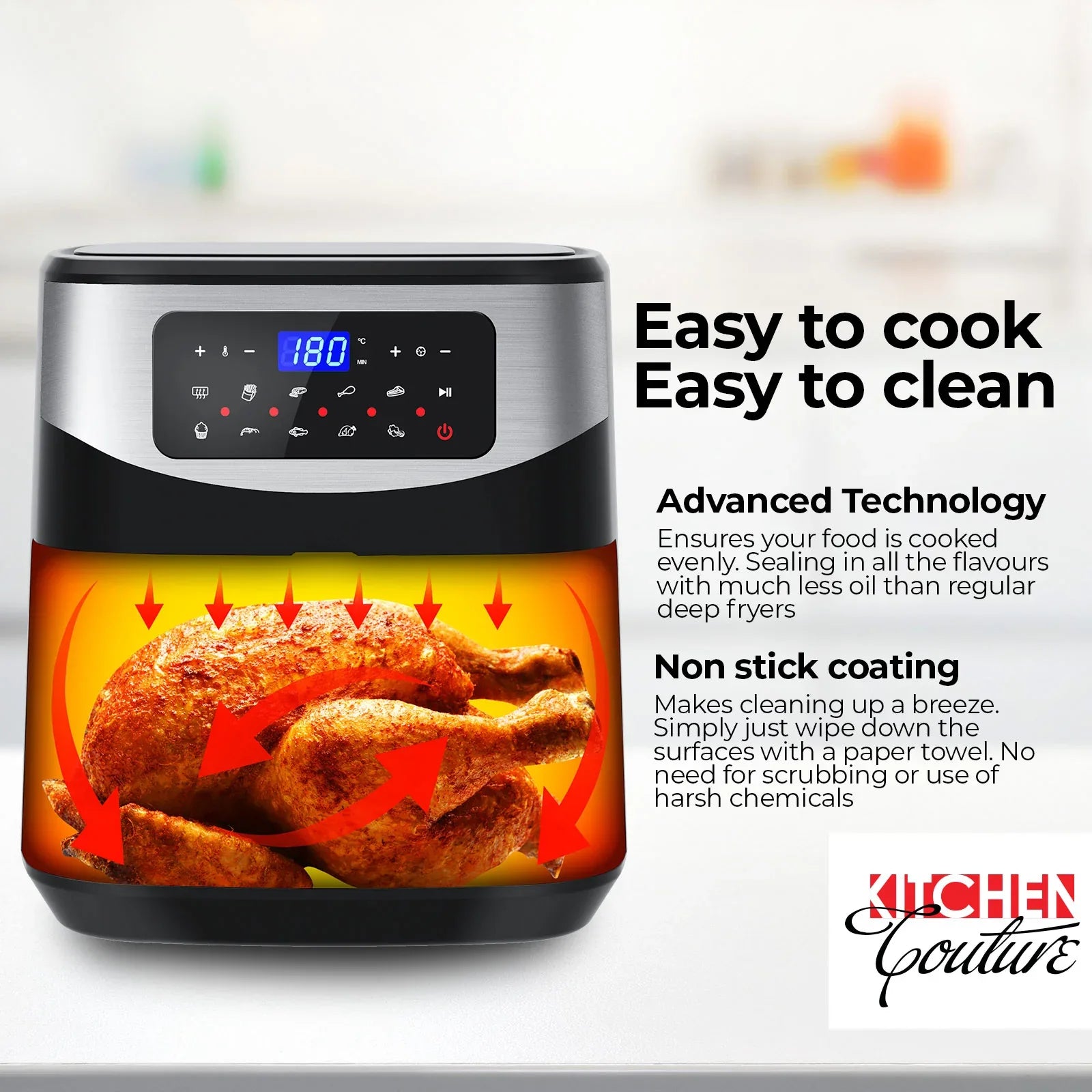 Kitchen Couture 12 Litre Air Fryer Multifunctional LCD One Touch Display Silver - Mekamart Australia