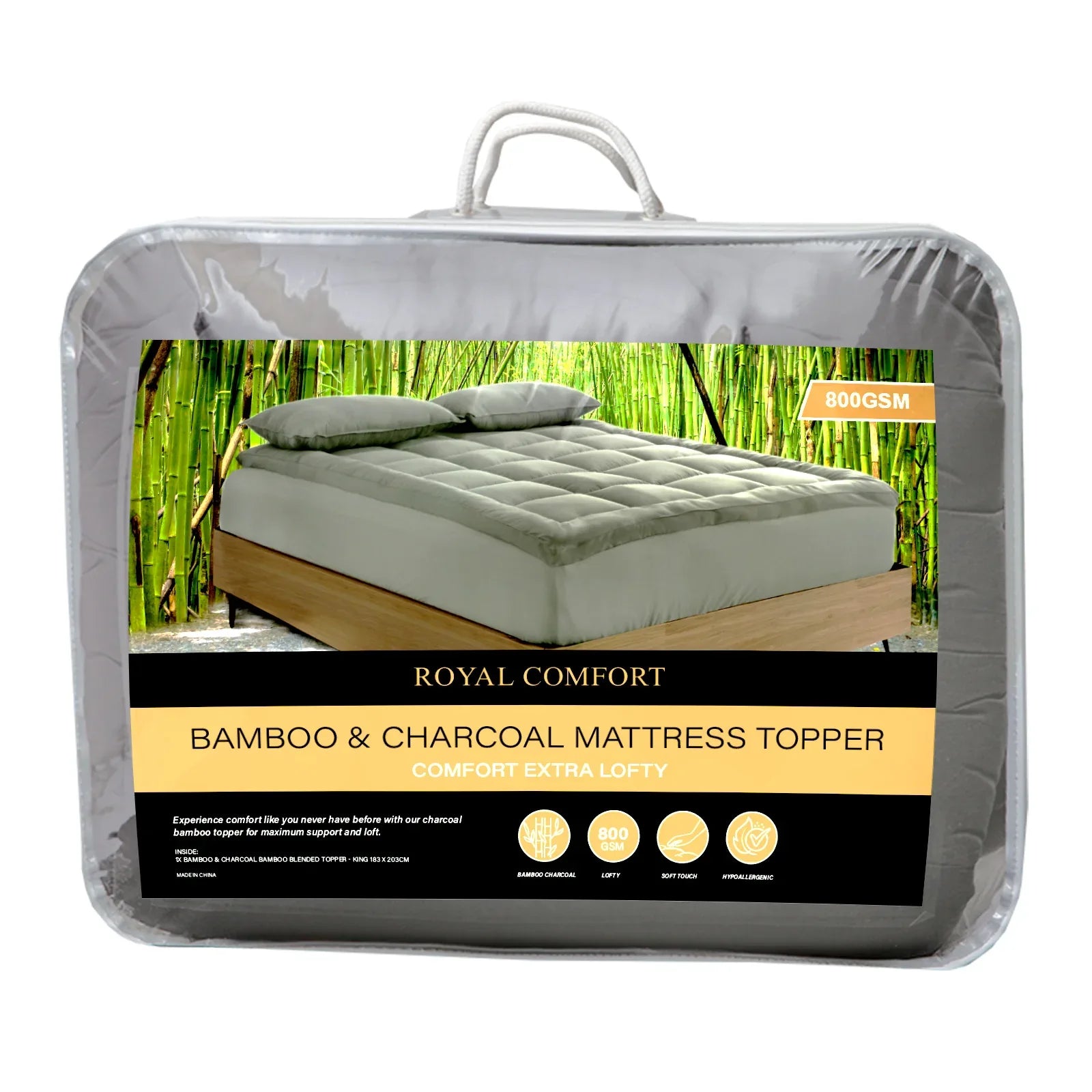 Royal Comfort Charcoal Bamboo Blend Topper 800GSM 45cm Skirt Luxury Bedding - Queen - Charcoal - Mekamart Australia