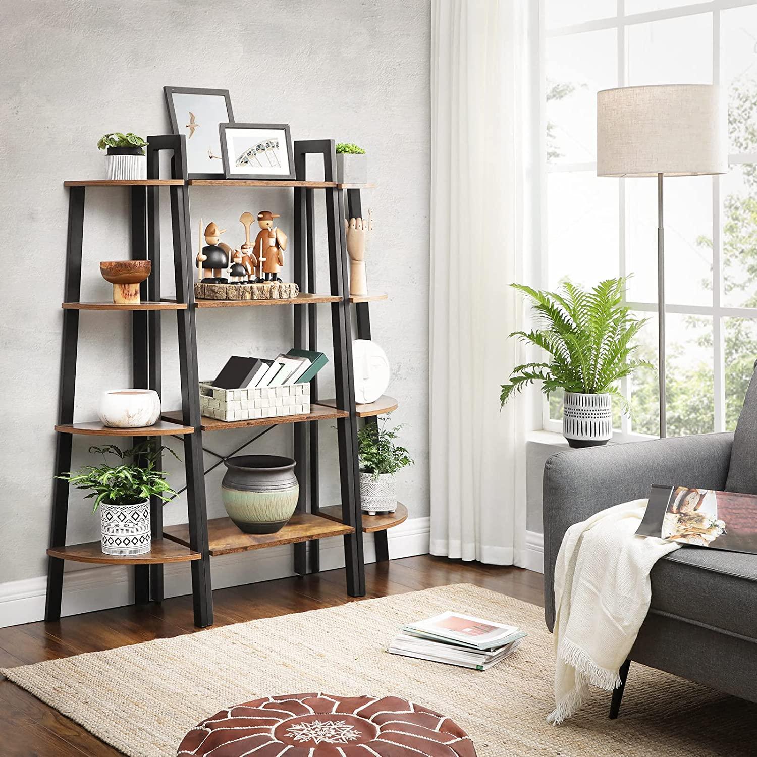 Rustic brown and black steel Metal Frame 4 Tier bookshelf - Mekamart Australia