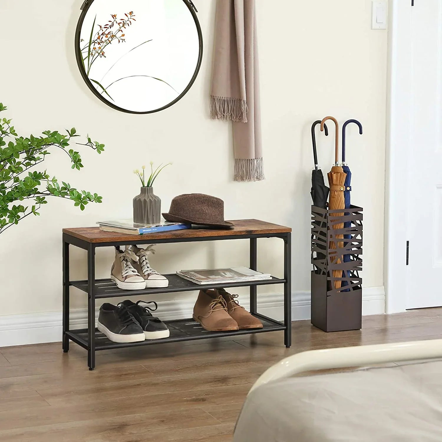 Shoe Rack with 2 Mesh Shelves, Rustic Brown and Black - Mekamart Australia