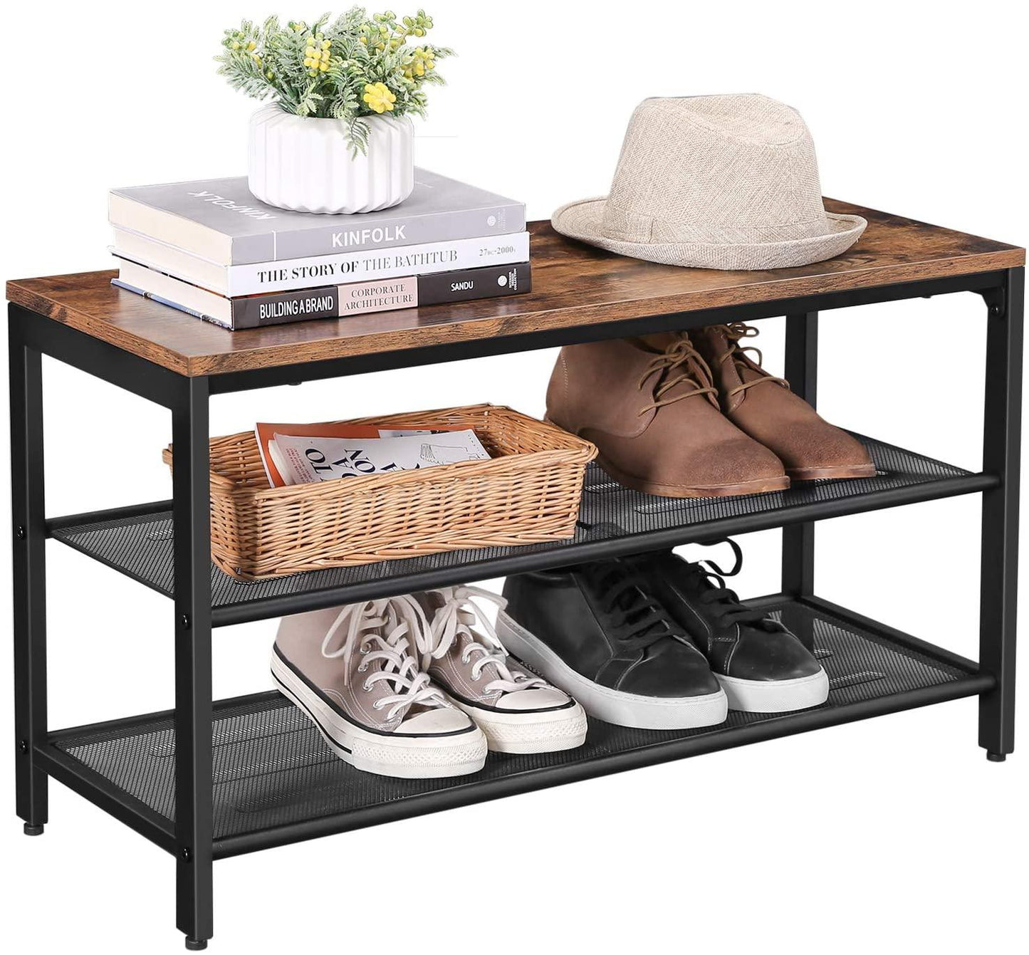 Shoe Rack with 2 Mesh Shelves, Rustic Brown and Black - Mekamart Australia