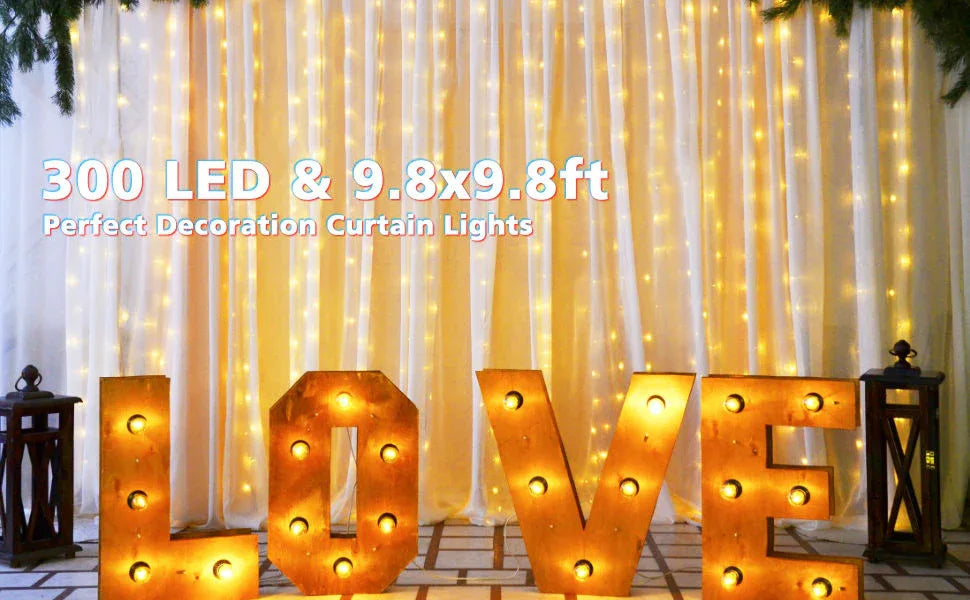 USB Powered 300 LED Curtain String Light with 8 Modes and Remote Control for Bedroom Party Wedding Decorations - Mekamart Australia