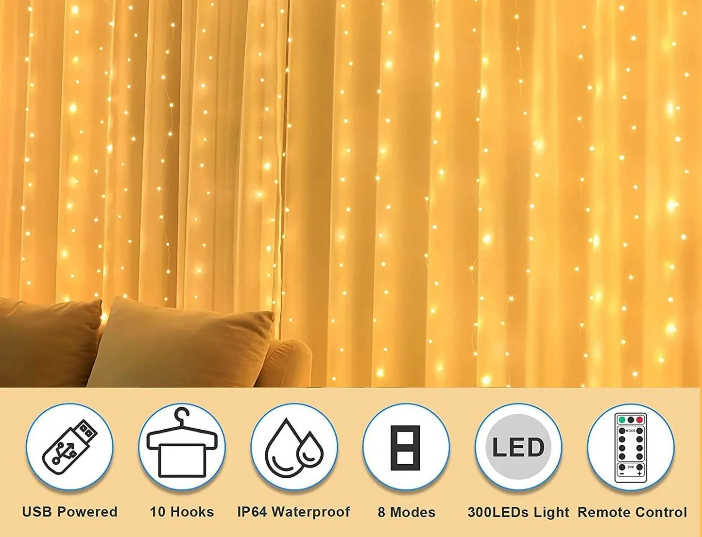 USB Powered 300 LED Curtain String Light with 8 Modes and Remote Control for Bedroom Party Wedding Decorations - Mekamart Australia