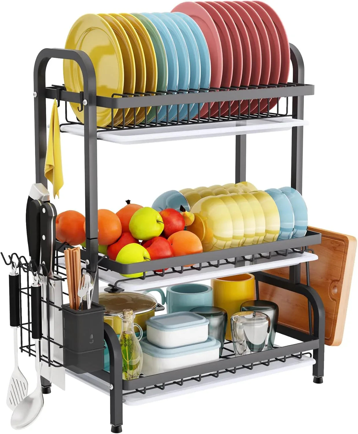 Dish Drying Rack 3 Tier Large Capacity Kitchen Storage with Utensil and Cutting Board Holder - Mekamart Australia