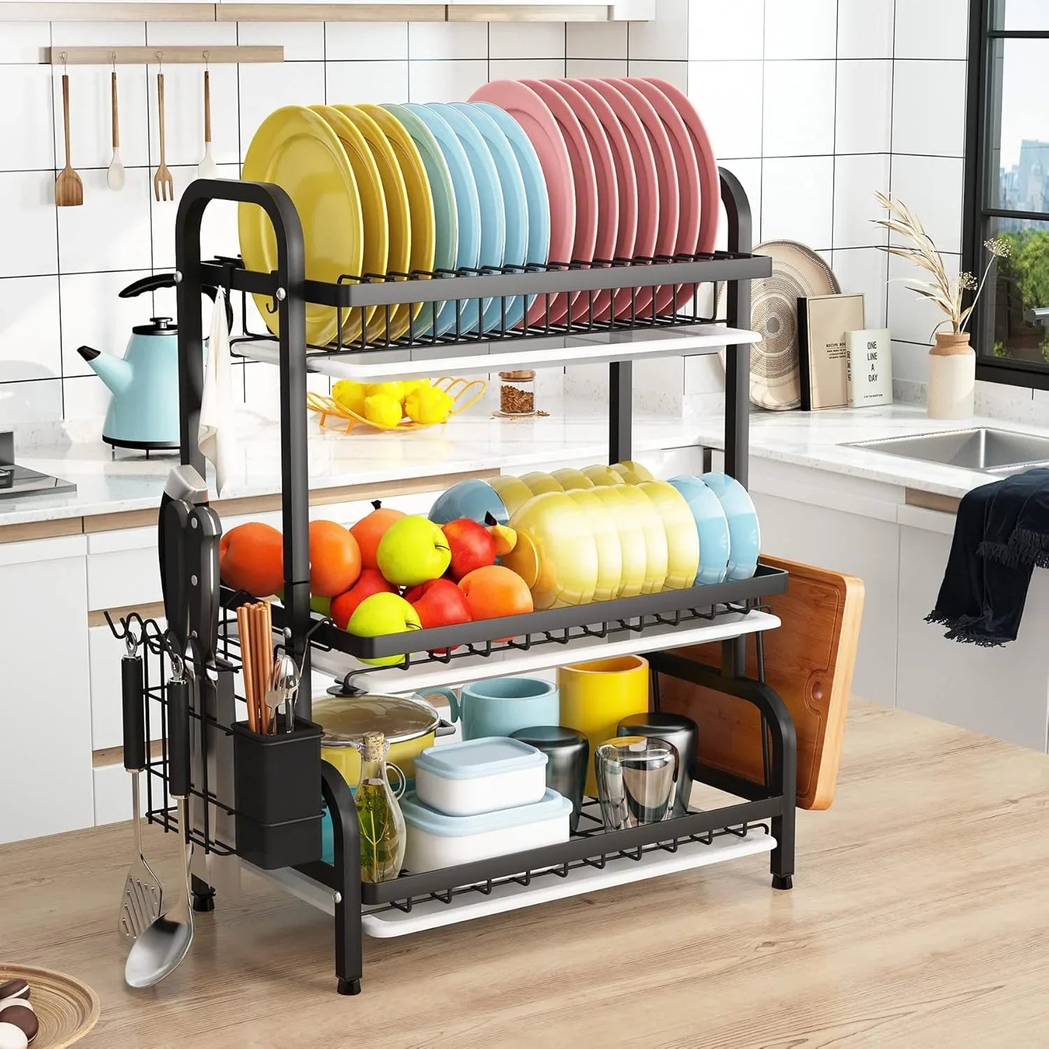 Dish Drying Rack 3 Tier Large Capacity Kitchen Storage with Utensil and Cutting Board Holder - Mekamart Australia