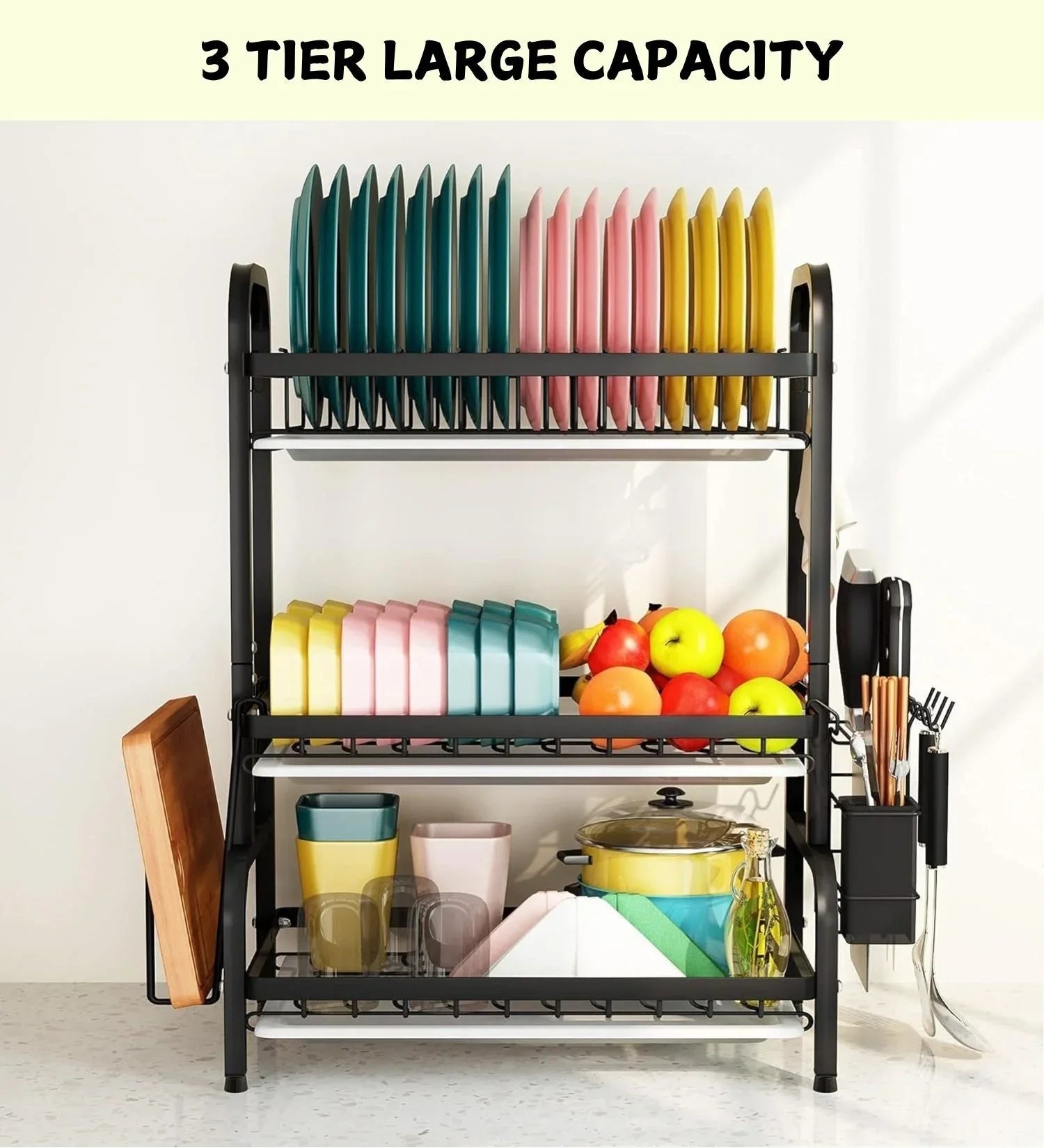Dish Drying Rack 3 Tier Large Capacity Kitchen Storage with Utensil and Cutting Board Holder - Mekamart Australia