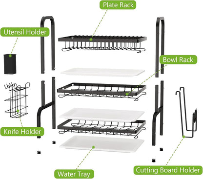 Dish Drying Rack 3 Tier Large Capacity Kitchen Storage with Utensil and Cutting Board Holder - Mekamart Australia