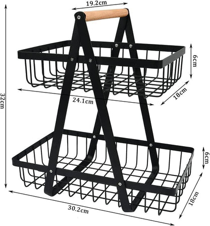 CARLA HOME 2-Tier Fruit Basket Stand for Kitchen Countertop for Fruits, Vegetables, Bread & Snacks with Wooden Handle
