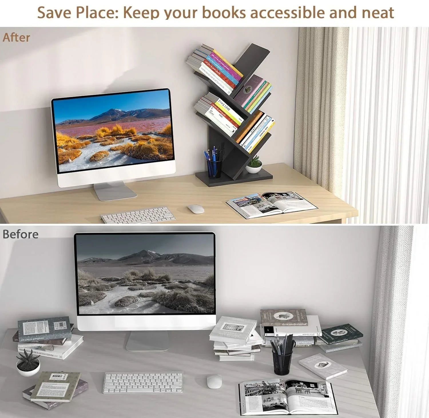 CARLA HOME 5-Tier Tree Bookshelf Storage Rack for Home Office or Bedroom (Black) - Mekamart Australia