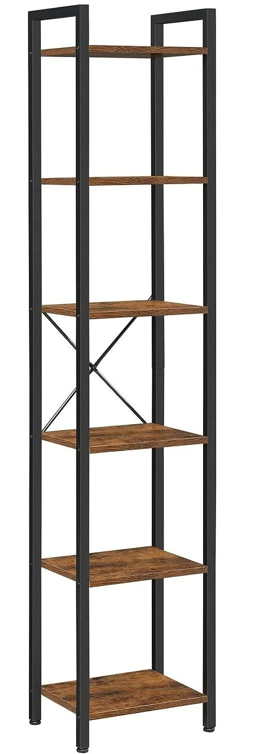 Small 6-Tier Industrial Bookshelf, Rustic Brown, Black - Mekamart Australia