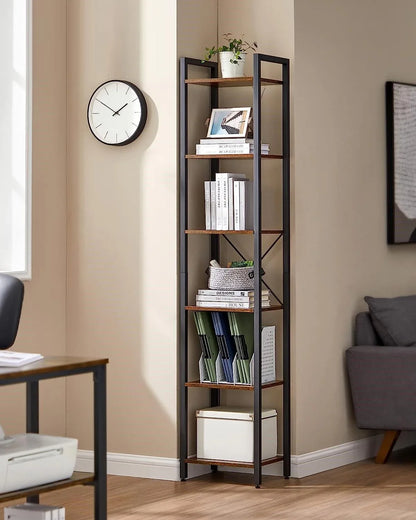 Small 6-Tier Industrial Bookshelf, Rustic Brown, Black - Mekamart Australia