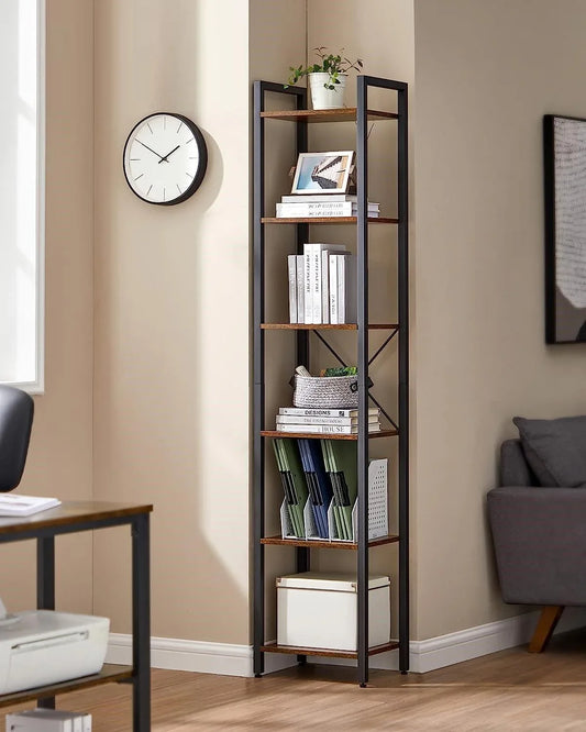 Small 6-Tier Industrial Bookshelf, Rustic Brown, Black - Mekamart Australia