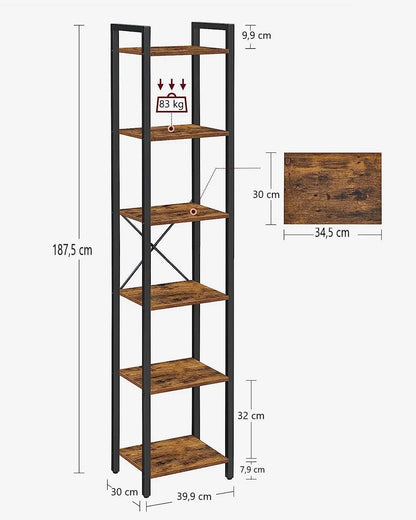 Small 6-Tier Industrial Bookshelf, Rustic Brown, Black - Mekamart Australia