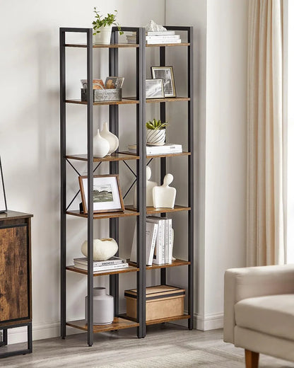 Small 6-Tier Industrial Bookshelf, Rustic Brown, Black - Mekamart Australia