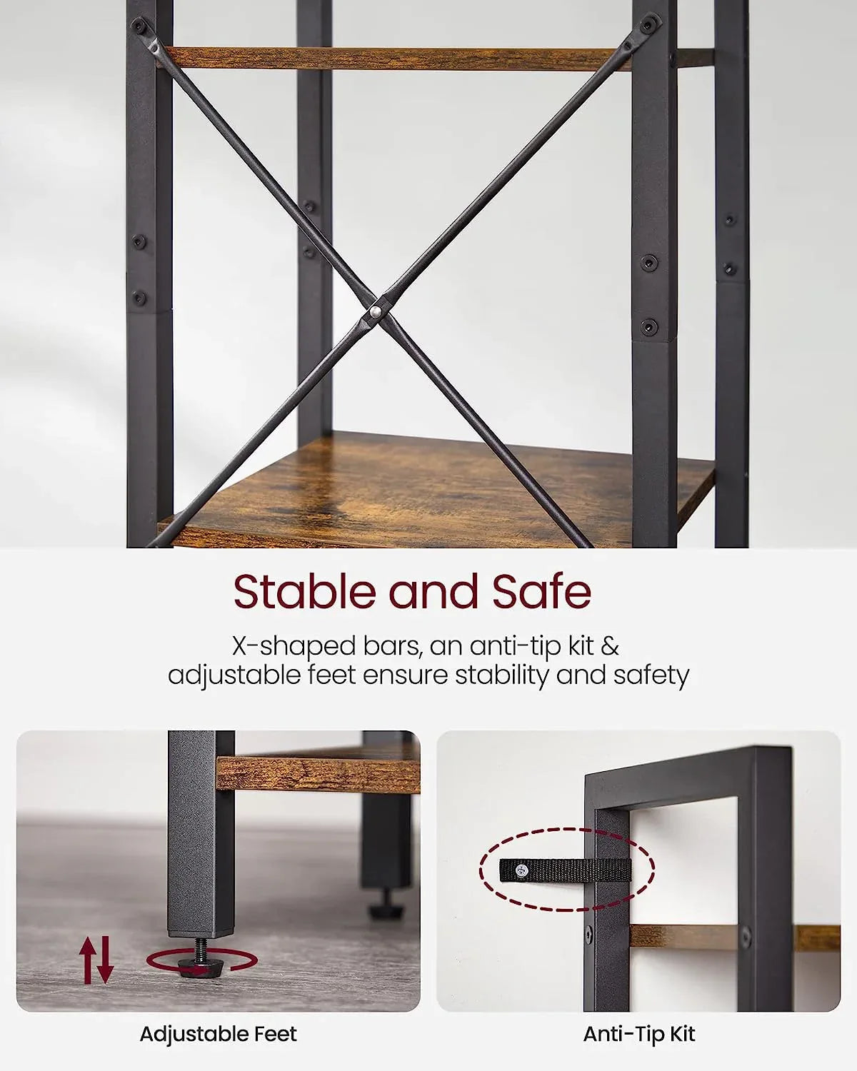 Small 6-Tier Industrial Bookshelf, Rustic Brown, Black - Mekamart Australia