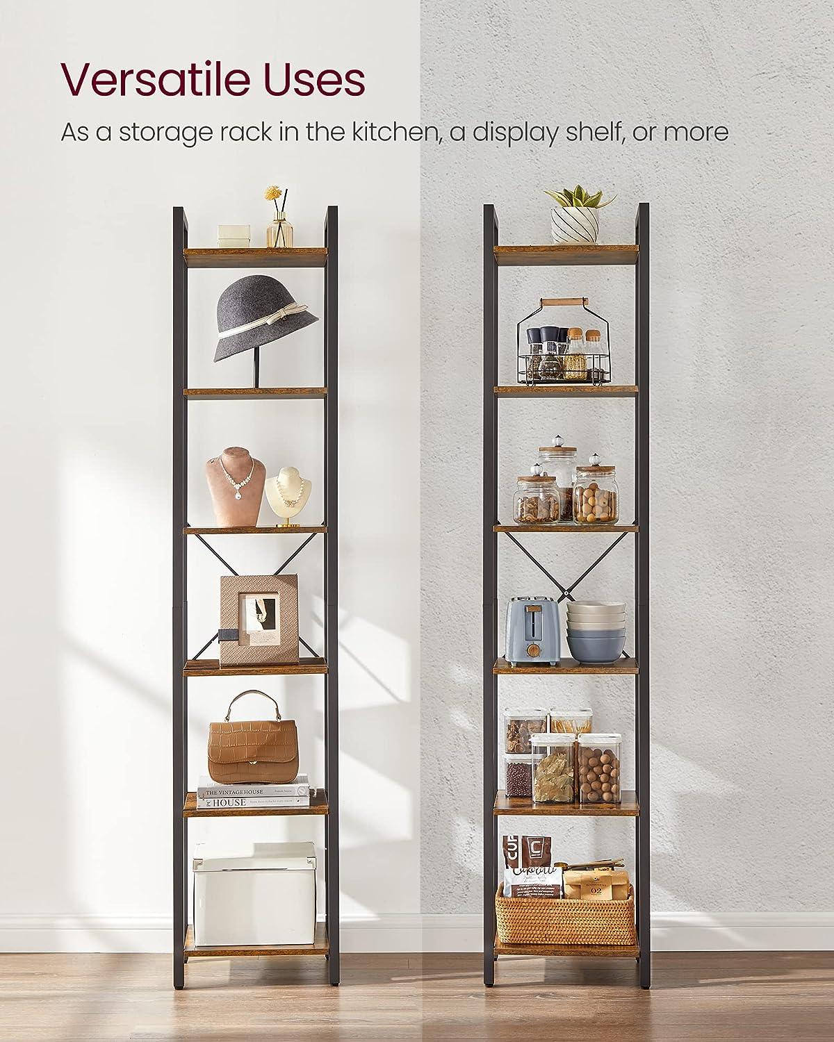 Small 6-Tier Industrial Bookshelf, Rustic Brown, Black - Mekamart Australia