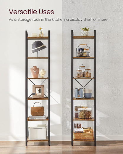 Small 6-Tier Industrial Bookshelf, Rustic Brown, Black - Mekamart Australia