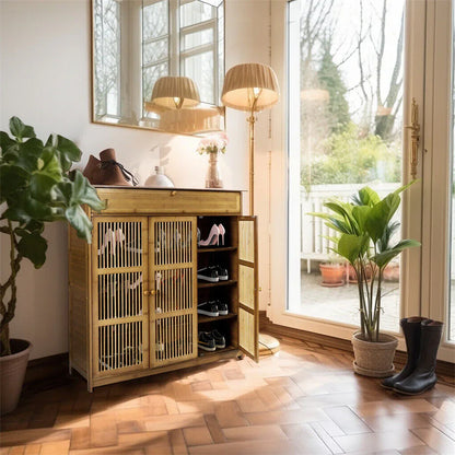 XXL 4-Tier Bamboo Shoe Rack Cabinet with Doors, Drawers - Mekamart Australia