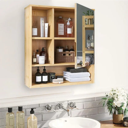 Bamboo Wall Medicine Cabinet Mirror 55.5cm 5 Shelf - Mekamart Australia