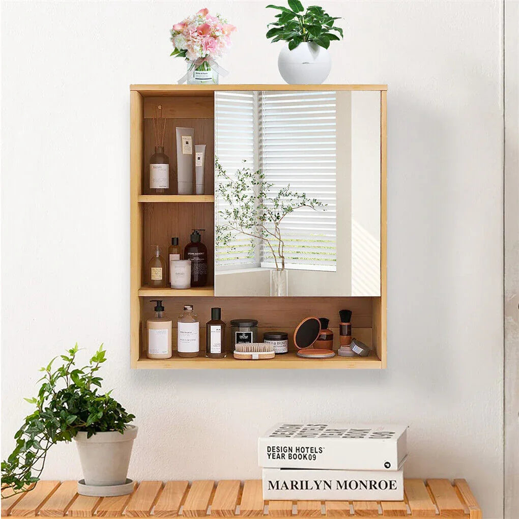 Bamboo Wall Medicine Cabinet Mirror 55.5cm 5 Shelf - Mekamart Australia