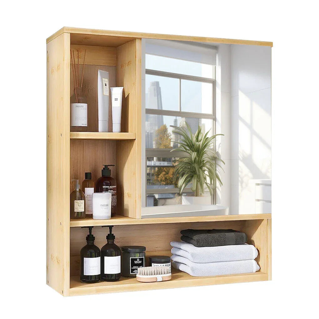 Bamboo Wall Medicine Cabinet Mirror 55.5cm 5 Shelf - Mekamart Australia
