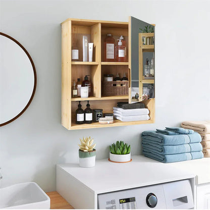 Bamboo Wall Medicine Cabinet Mirror 55.5cm 5 Shelf - Mekamart Australia