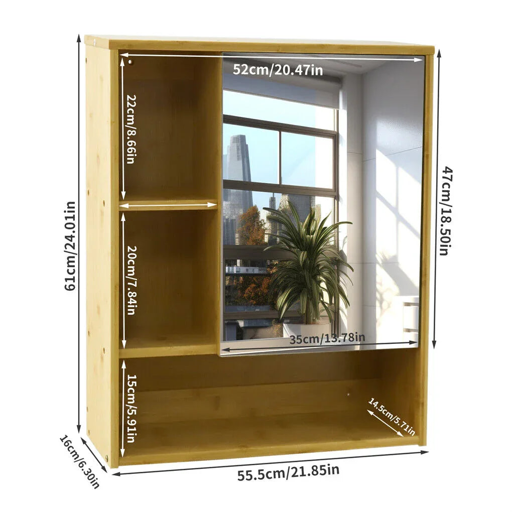 Bamboo Wall Medicine Cabinet Mirror 55.5cm 5 Shelf - Mekamart Australia