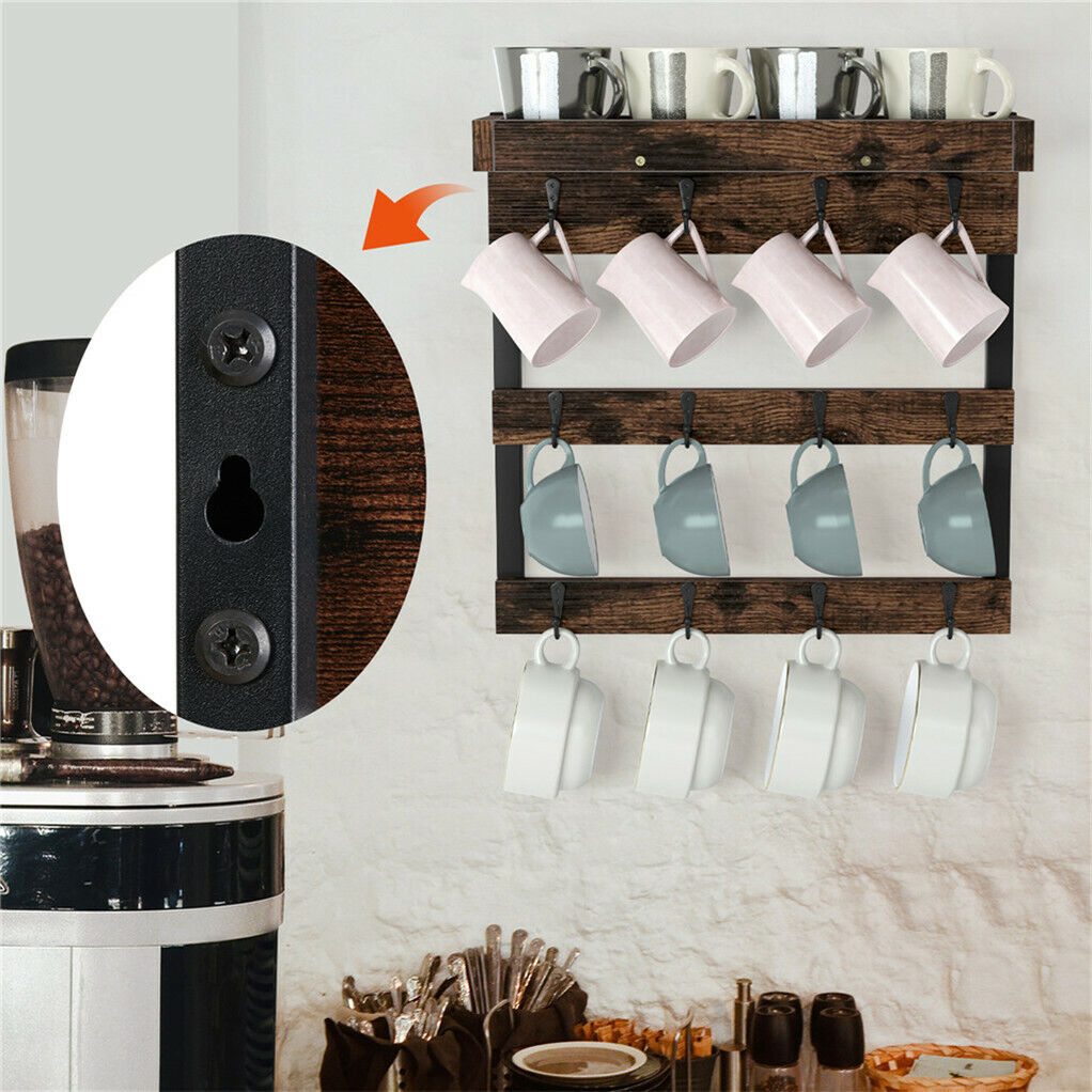 Wooden Wall Mounted Coffee Mug Rack 12 Hooks Cup Holder