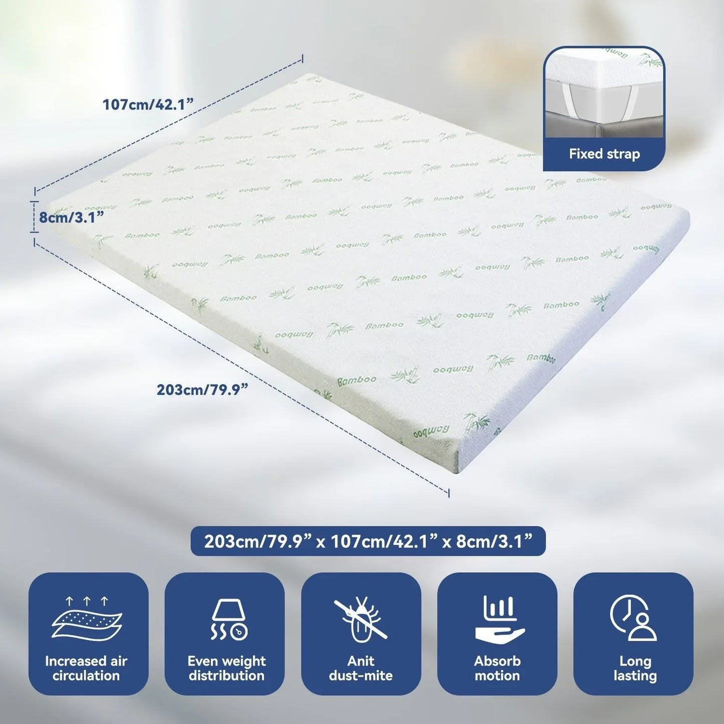 King Single Bamboo Memory Foam Mattress Topper 7-Zone 8cm - Mekamart Australia