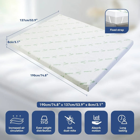 Double Bamboo Memory Foam Mattress Topper 7-Zone 8cm - Mekamart Australia