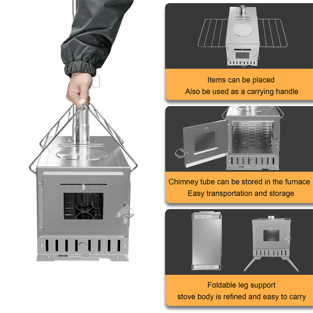 Stainless Steel Wood Burner Stove for Camping w/ Chimney & Bag