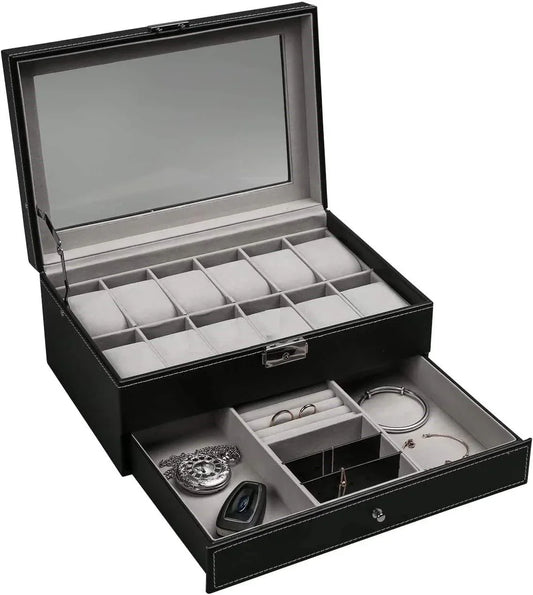 12 Slot PU Leather Lockable Watch and Jewelry Storage Boxes (Black) - Mekamart Australia