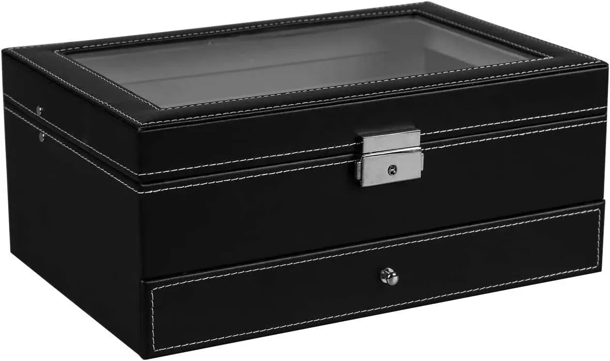 12 Slot PU Leather Lockable Watch and Jewelry Storage Boxes (Black) - Mekamart Australia