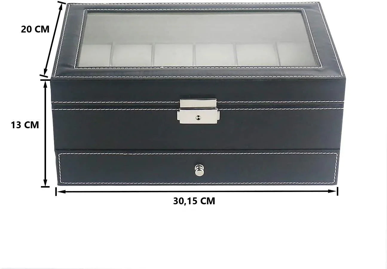12 Slot PU Leather Lockable Watch and Jewelry Storage Boxes (Black) - Mekamart Australia