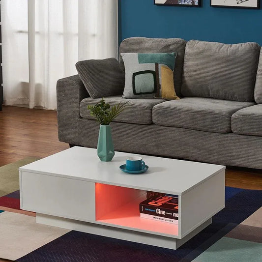 LED High Gloss Top White Coffee Table With Single Drawer
