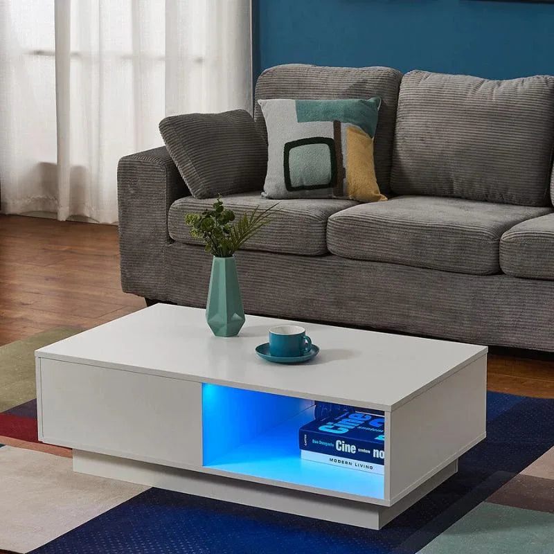 LED High Gloss Top White Coffee Table With Single Drawer - Mekamart Australia
